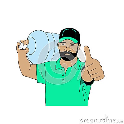 Vector illustration a male loader carries a big bottle of water on his shoulder, a bearded man lifted a thumbs up Cartoon Illustration